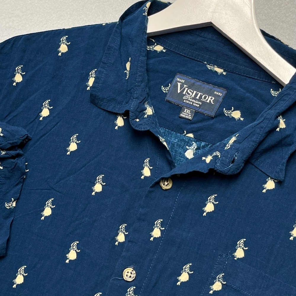 Visitor Premium Rayon Camp Shirt Mens XXL Blue All Over Print‎ Button Up Aloha